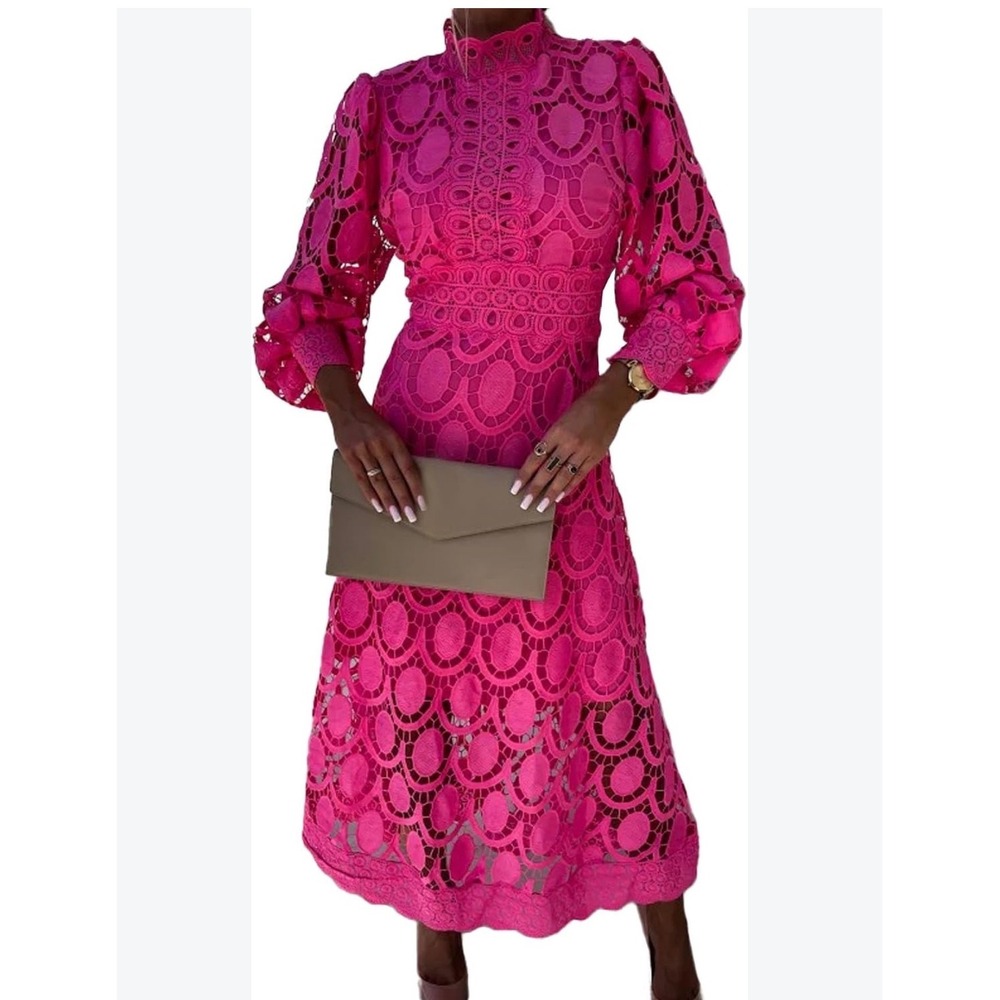 Pink Lace Dress Long Sleeve Mock Neck Midi Women XL Hot Pink A-Line Cocktail